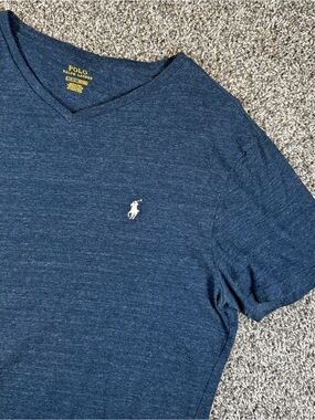 Polo Ralph Lauren Mens Large Heather Blue V-Neck T-Shirt White Pony Logo Preppy